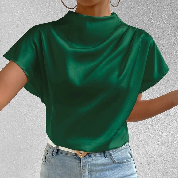 Green Party Women's Mock Neck Batwing Sleeve Satin Blouse - Picture 1 of 6